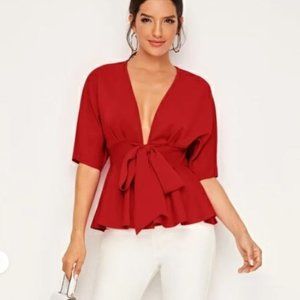Plunging Neck Tie Waist Top - Size Small - Red